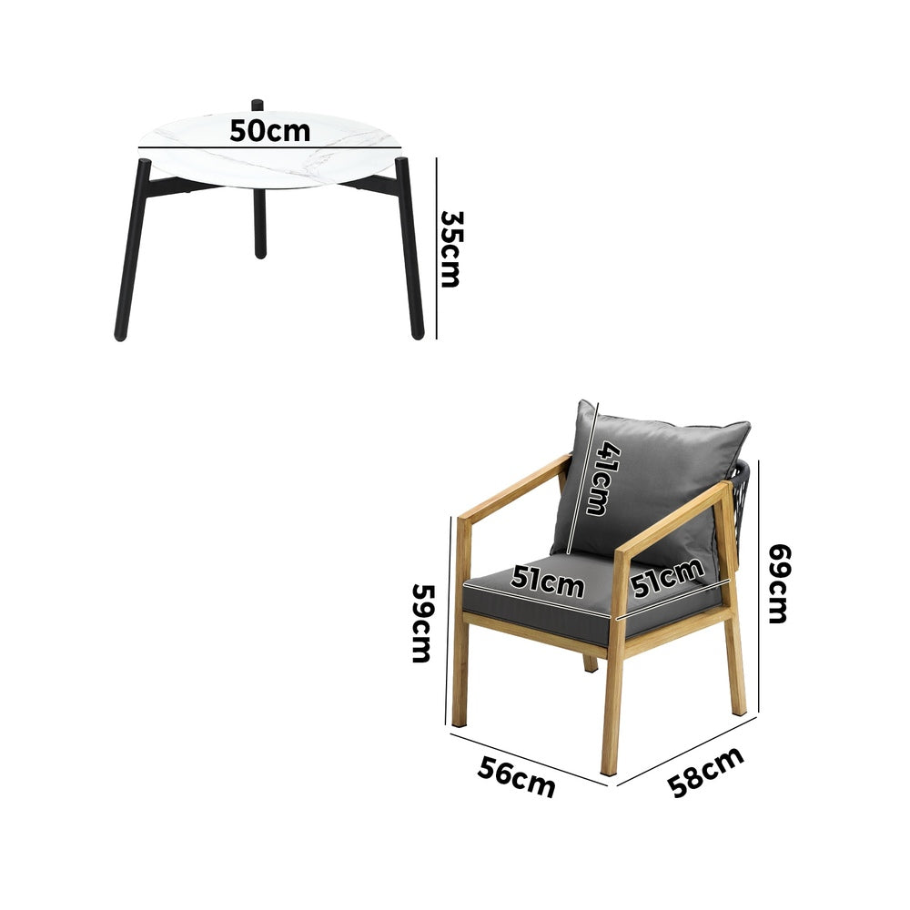 Livsip 3PCS Outdoor Patio Set White 50cm Coffee Table Natural Chairs