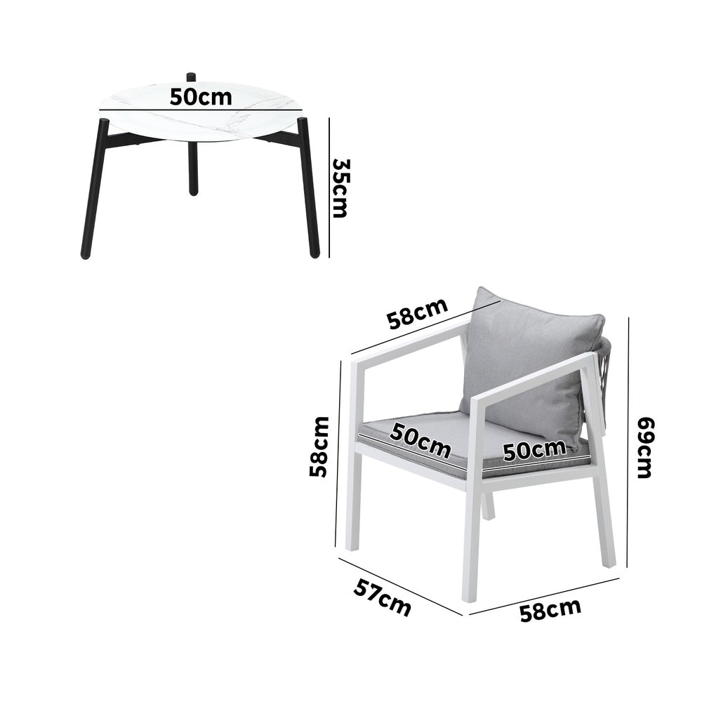 Livsip 3PCS Outdoor Patio Set White 50cm Coffee Table White Chairs
