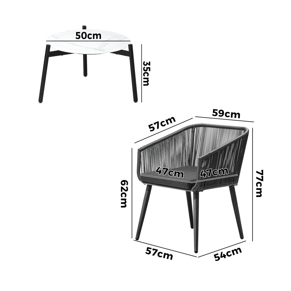 Livsip 3PCS Outdoor Lounge Set 50cm Coffee Table Polyester Chair Rope