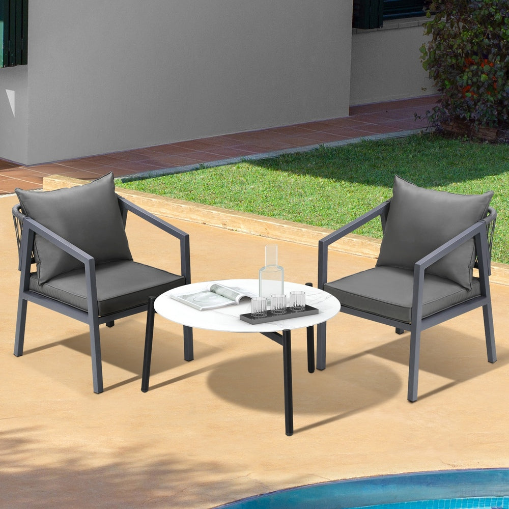 Livsip 3PCS Outdoor Patio Set White 70cm Coffee Table Grey Chairs