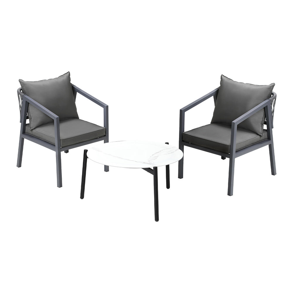 Livsip 3PCS Outdoor Patio Set White 70cm Coffee Table Grey Chairs