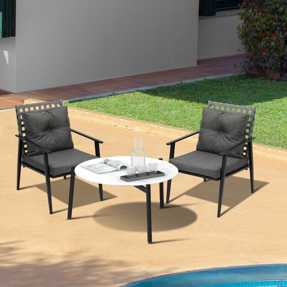 Livsip 3pc Outdoor Patio Set 70CM White Marble Table Rattan Chairs