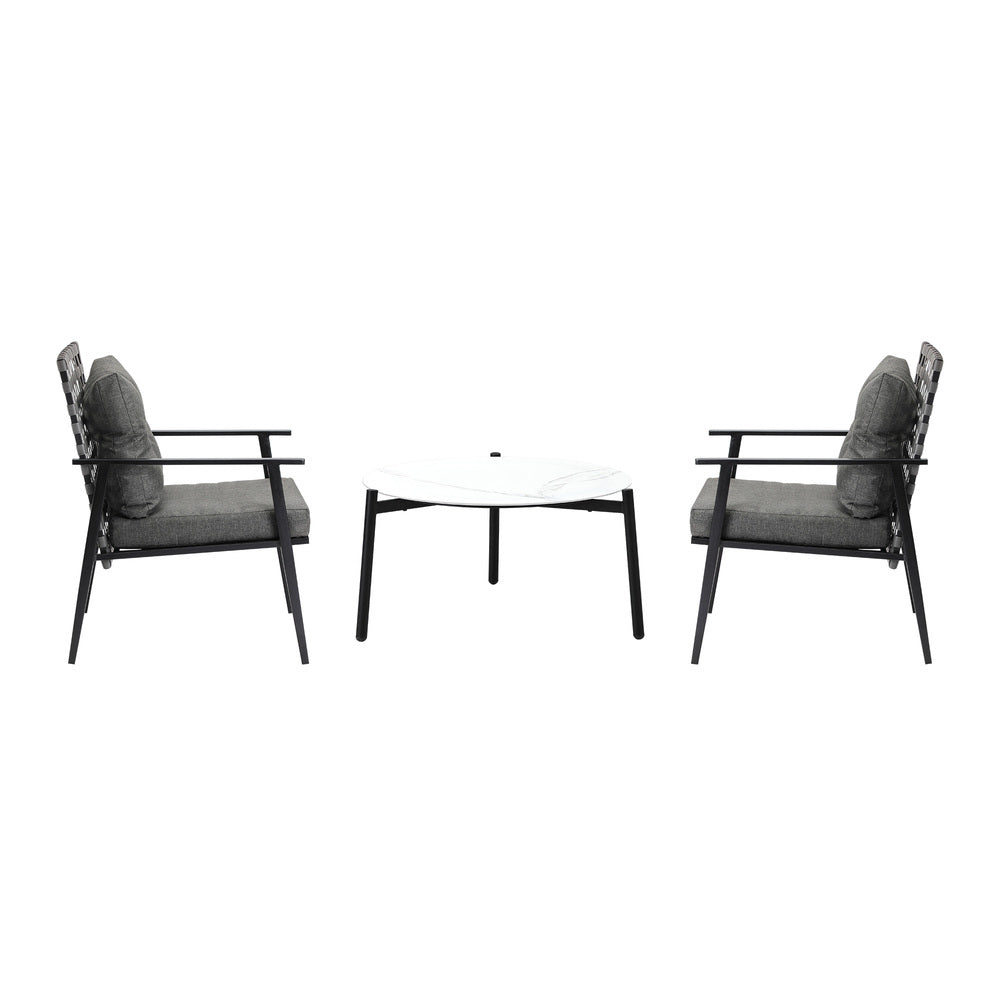Livsip 3pc Outdoor Patio Set 70CM White Marble Table Rattan Chairs