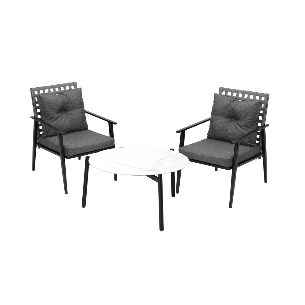 Livsip 3pc Outdoor Patio Set 70CM White Marble Table Rattan Chairs