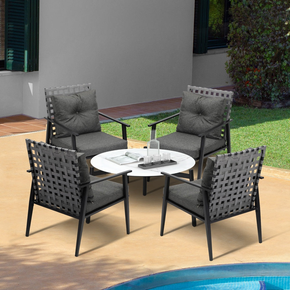 Livsip 5PC Outdoor Patio Set 70CM White Marble Table Rattan Chairs