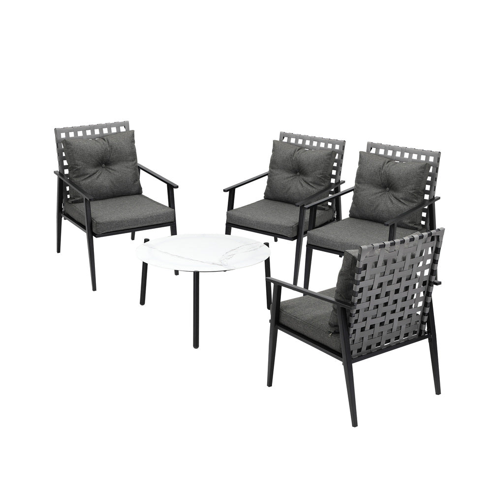 Livsip 5PC Outdoor Patio Set 70CM White Marble Table Rattan Chairs