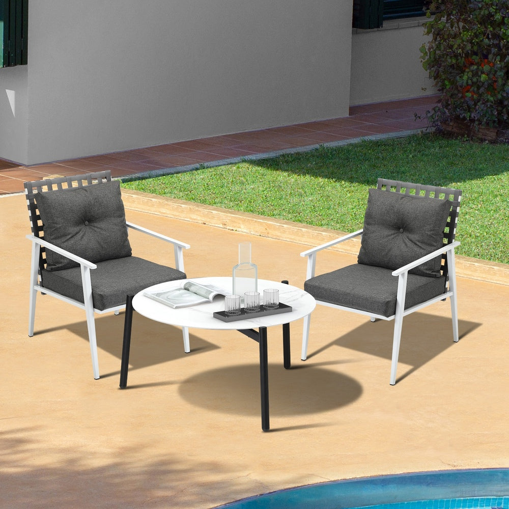 Livsip 3pc Outdoor Lounge Sets 70CM White Round Table Rattan Chairs