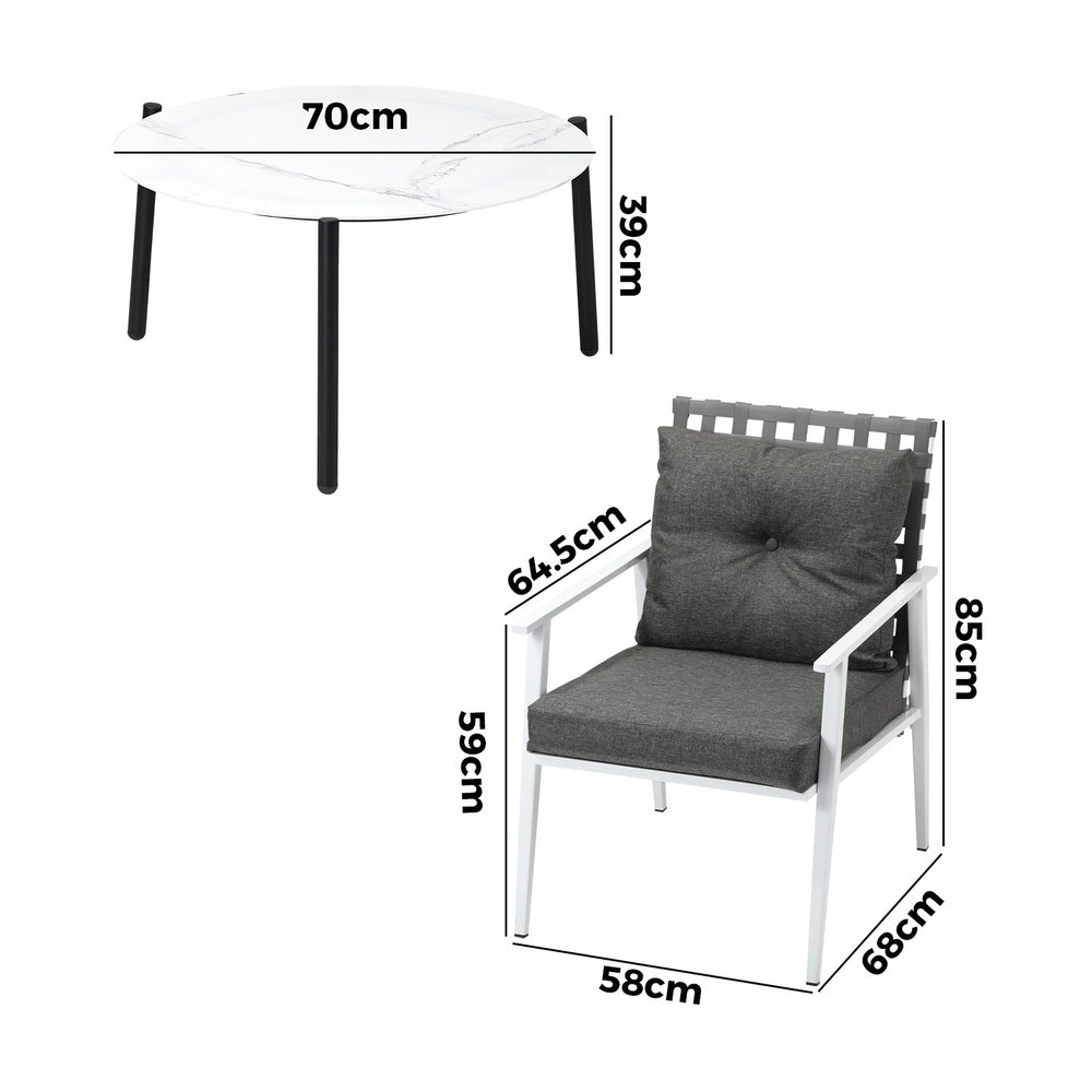 Livsip 3pc Outdoor Lounge Sets 70CM White Round Table Rattan Chairs