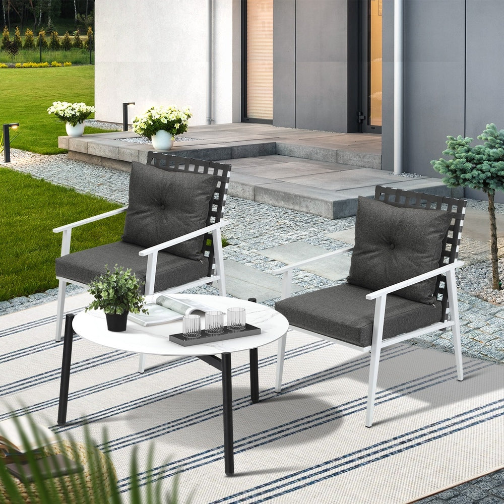 Livsip 3pc Outdoor Lounge Sets 70CM White Round Table Rattan Chairs