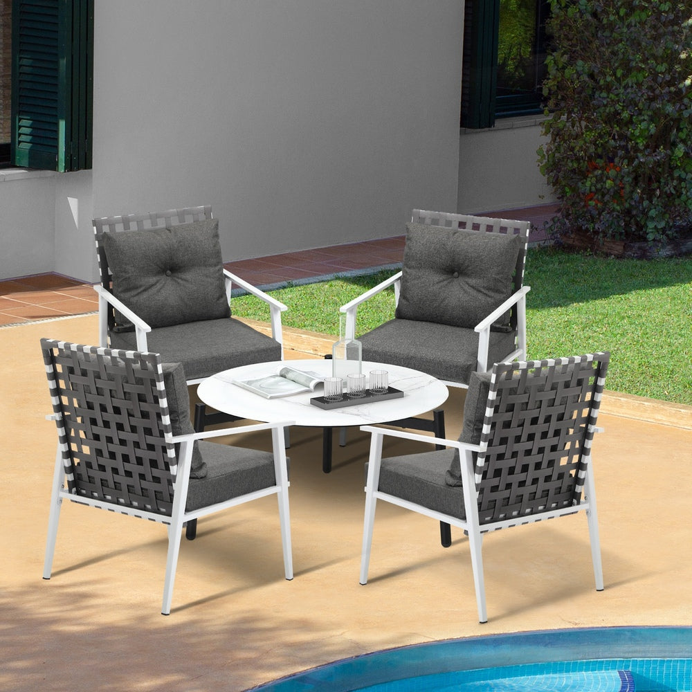 Livsip 5PC Outdoor Lounge Sets 70CM White Round Table Rattan Chairs