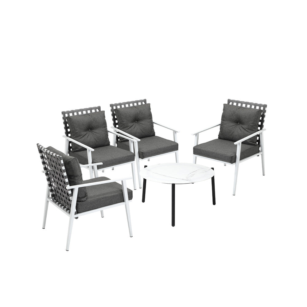 Livsip 5PC Outdoor Lounge Sets 70CM White Round Table Rattan Chairs