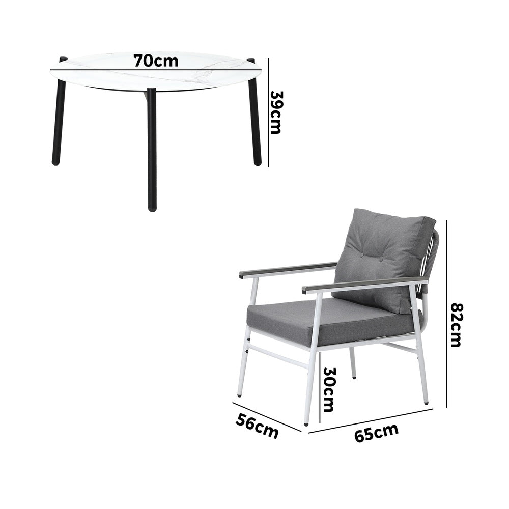 Livsip Outdoor Patio Set 70cm White Table with 2 Armchairs