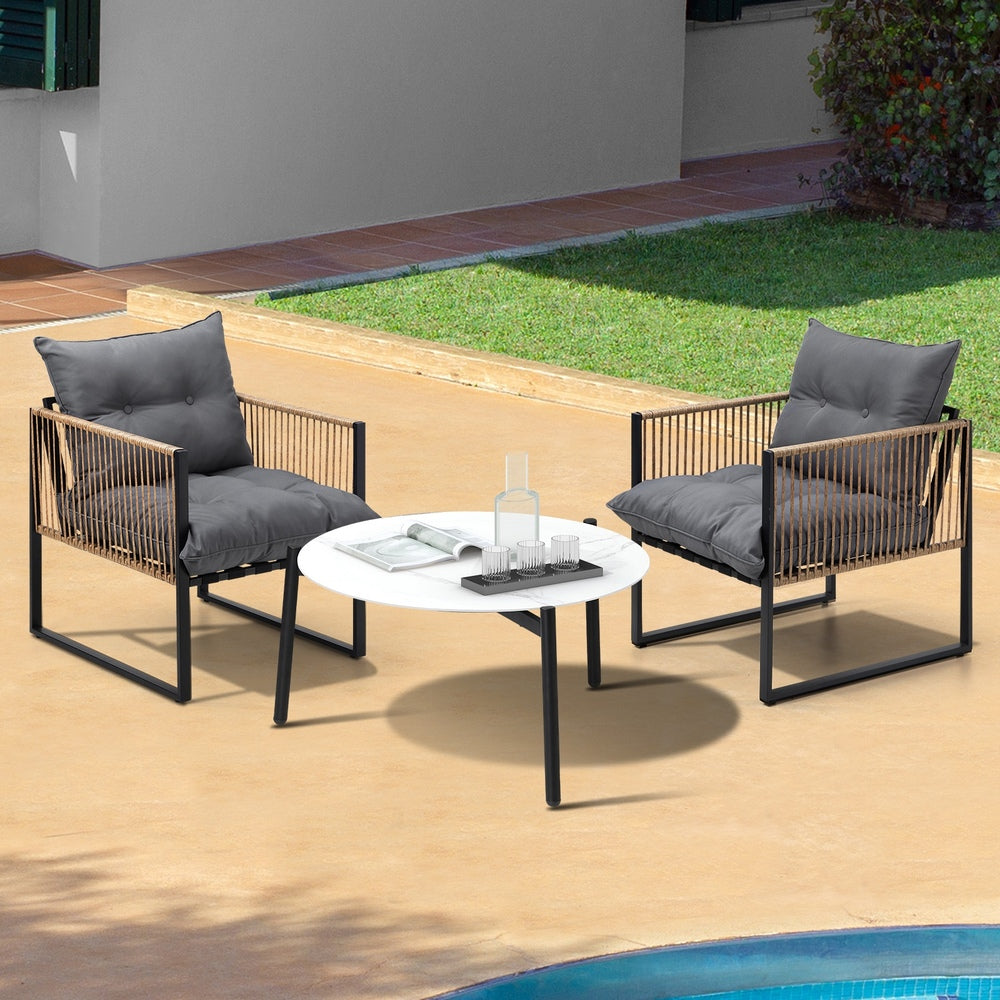 Livsip 3PCS Outdoor Patio Set White 70cm Coffee Table Rattan Chairs