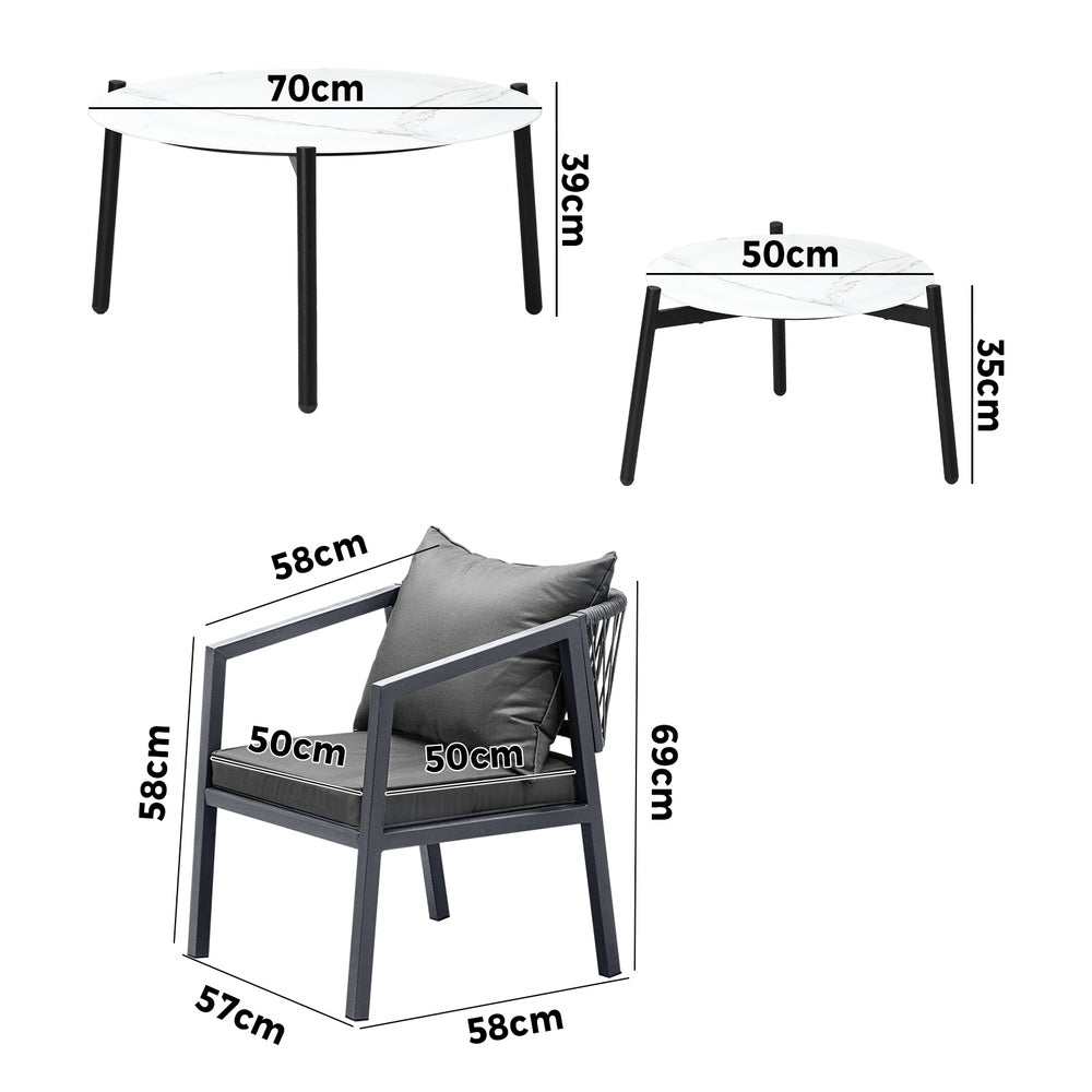 Livsip 6PCS Outdoor Patio Set White 70cm Coffee Table Set Grey Chairs