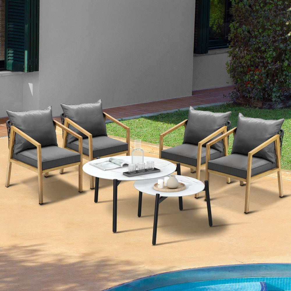 Livsip 6PCS Outdoor Patio Set White 70cm Coffee Table Set Natural Chairs