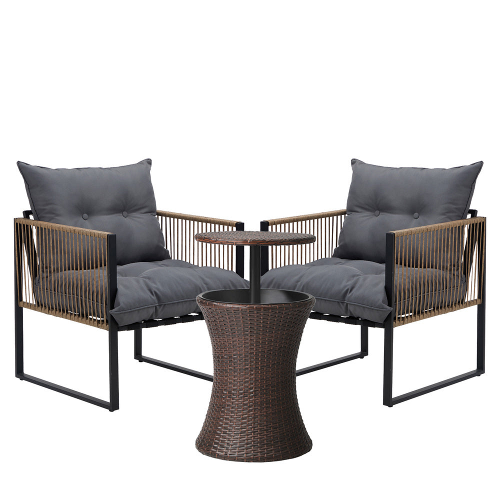 Livsip Outdoor Patio Set Ice Bucket Brown Table Rattan Bistro Set 3pcs