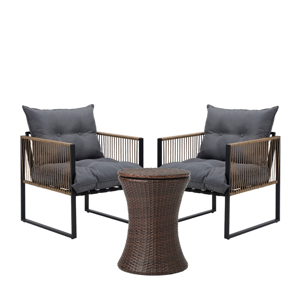 Livsip Outdoor Patio Set Ice Bucket Brown Table Rattan Bistro Set 3pcs