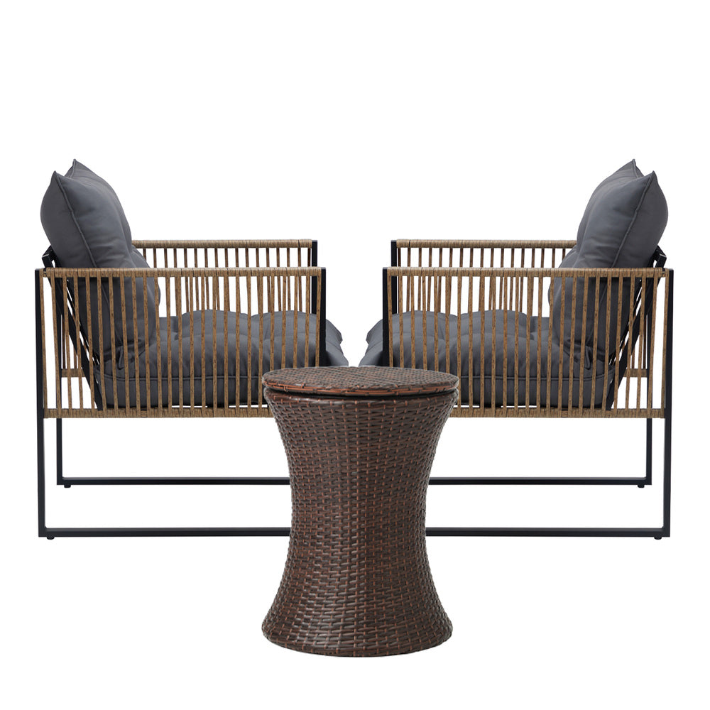Livsip Outdoor Patio Set Ice Bucket Brown Table Rattan Bistro Set 3pcs