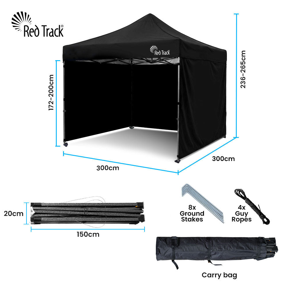 RED TRACK 3x3m Premium Pop Up Gazebo Marquee, Patented Steel Cable Canopy Support System, Wheeled Carry Bag, Side Walls, UV Block, Reinforced Frame, Black