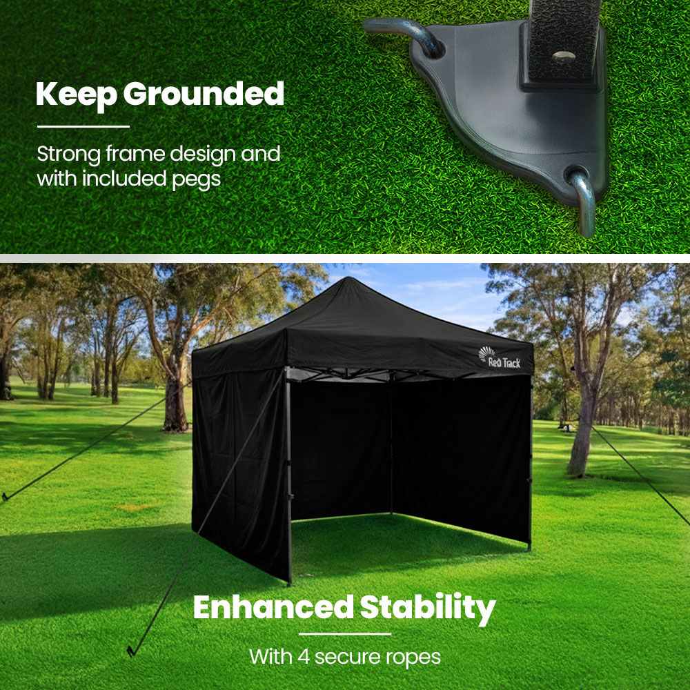 RED TRACK 3x3m Premium Pop Up Gazebo Marquee, Patented Steel Cable Canopy Support System, Wheeled Carry Bag, Side Walls, UV Block, Reinforced Frame, Black