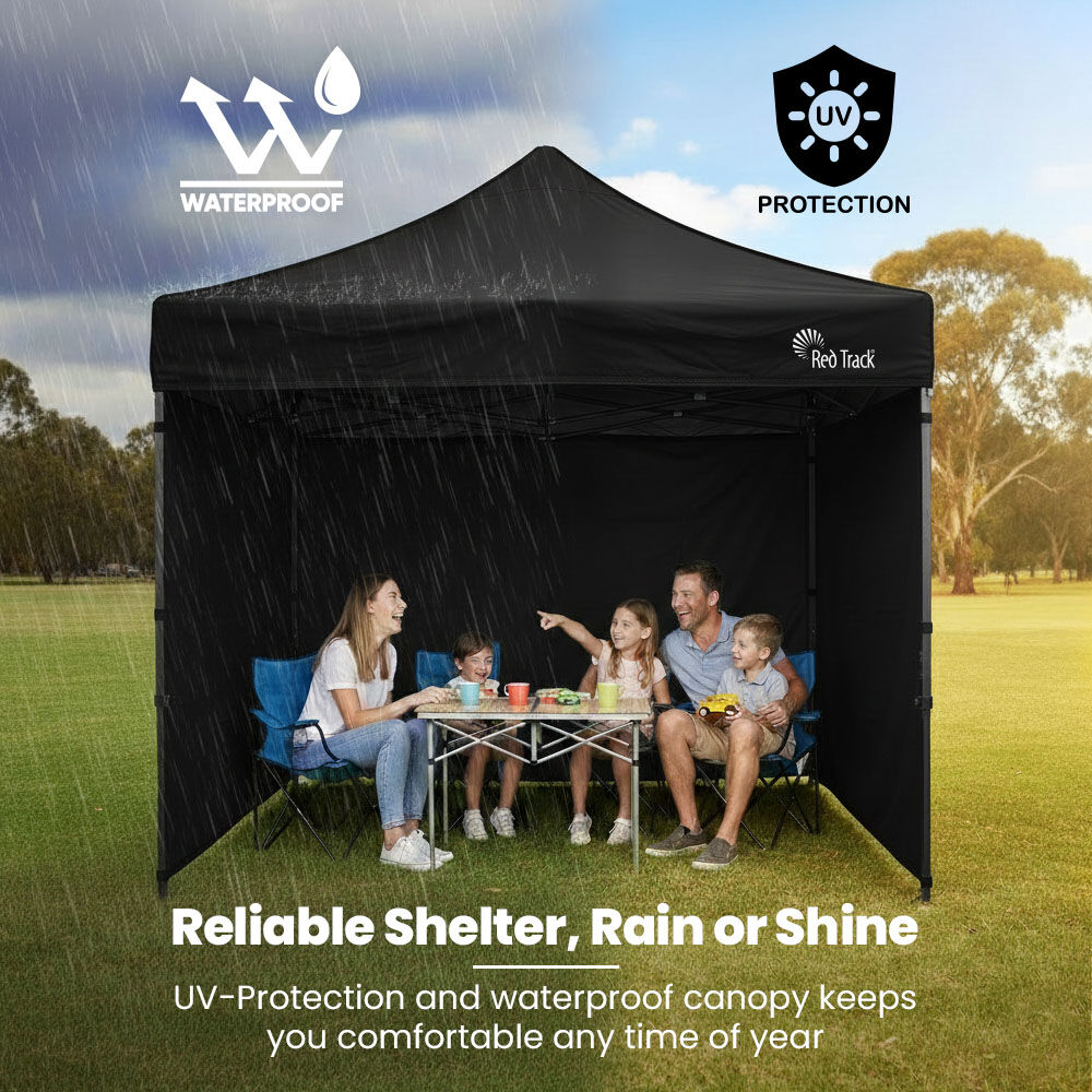 RED TRACK 3x3m Premium Pop Up Gazebo Marquee, Patented Steel Cable Canopy Support System, Wheeled Carry Bag, Side Walls, UV Block, Reinforced Frame, Black