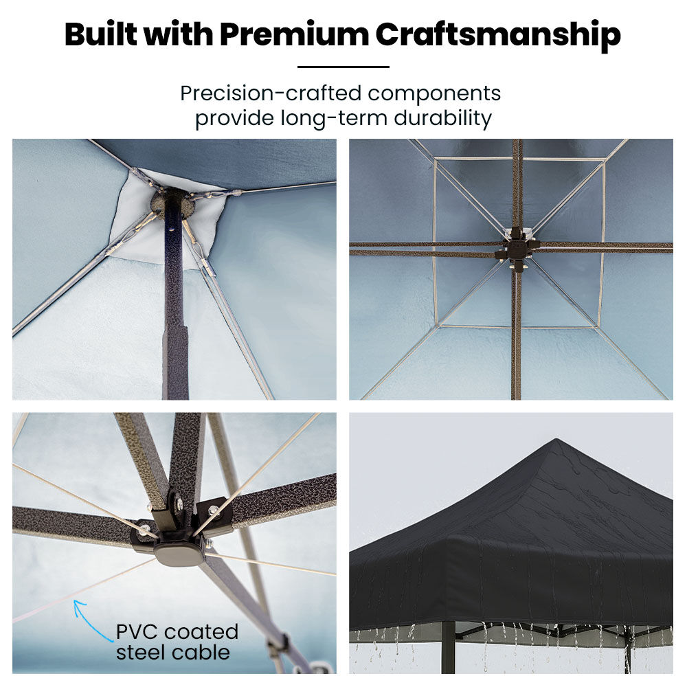 RED TRACK 3x3m Premium Pop Up Gazebo Marquee, Patented Steel Cable Canopy Support System, Wheeled Carry Bag, Side Walls, UV Block, Reinforced Frame, Black