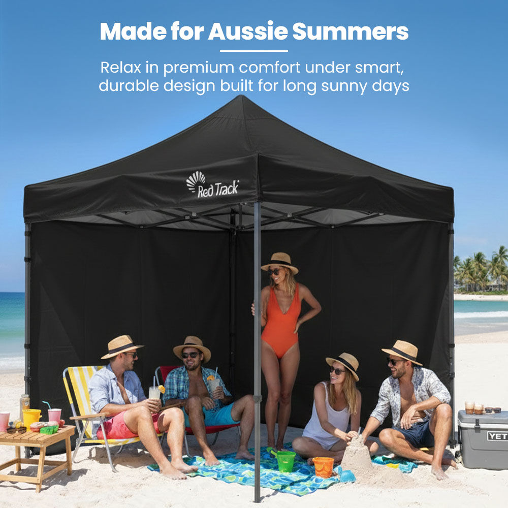 RED TRACK 3x3m Premium Pop Up Gazebo Marquee, Patented Steel Cable Canopy Support System, Wheeled Carry Bag, Side Walls, UV Block, Reinforced Frame, Black
