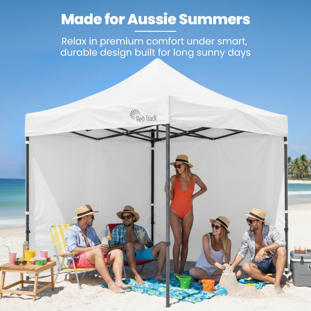 RED TRACK 3x3m Premium Pop Up Gazebo Marquee, Patented Steel Cable Canopy Support System, Wheeled Carry Bag, Side Walls, UV Block, Reinforced Frame, White