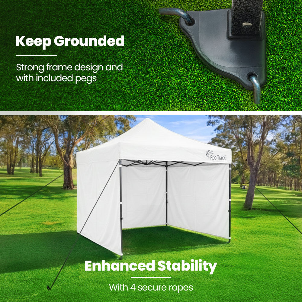 RED TRACK 3x3m Premium Pop Up Gazebo Marquee, Patented Steel Cable Canopy Support System, Wheeled Carry Bag, Side Walls, UV Block, Reinforced Frame, White