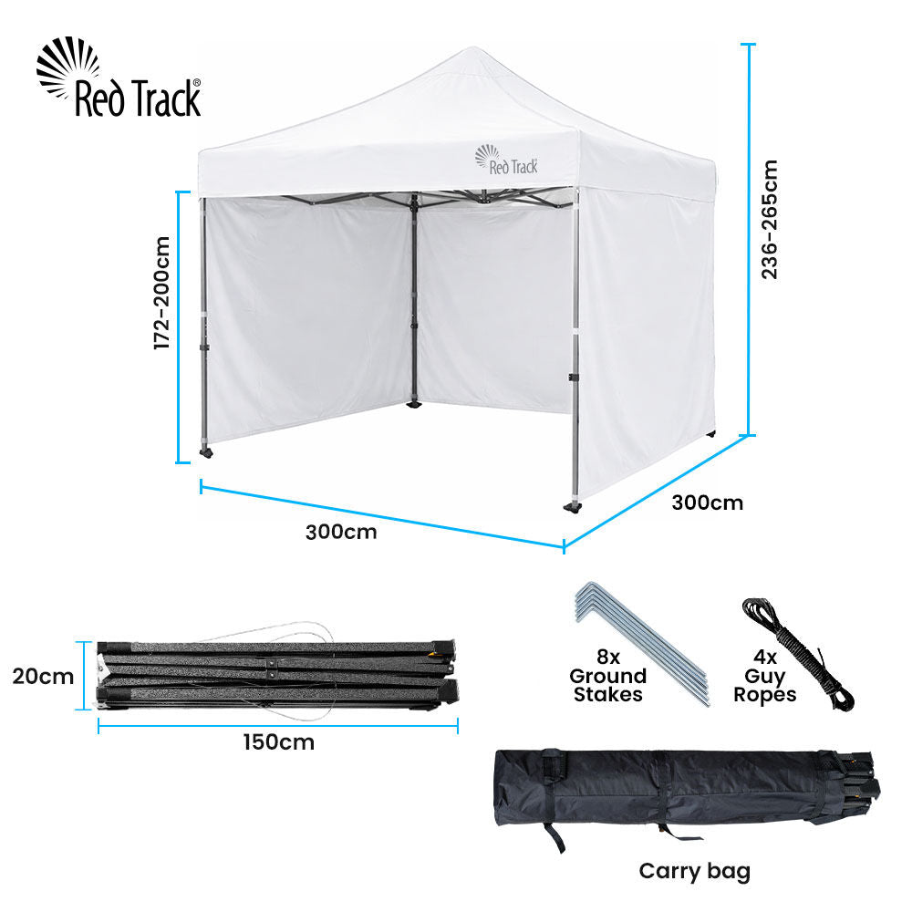 RED TRACK 3x3m Premium Pop Up Gazebo Marquee, Patented Steel Cable Canopy Support System, Wheeled Carry Bag, Side Walls, UV Block, Reinforced Frame, White