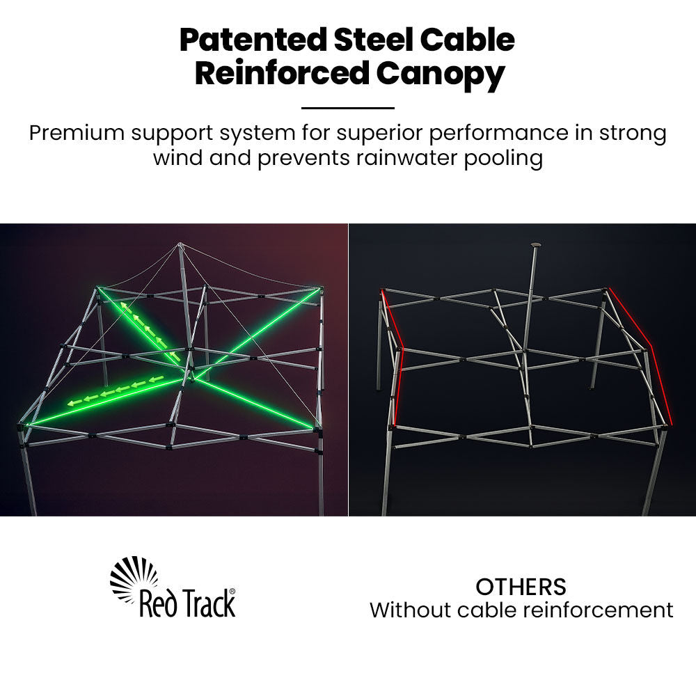 RED TRACK 3x3m Premium Pop Up Gazebo Marquee, Patented Steel Cable Canopy Support System, Wheeled Carry Bag, Side Walls, UV Block, Reinforced Frame,