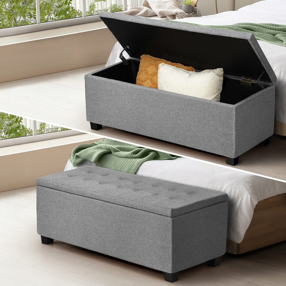 Oikiture Storage Ottoman Faux Linen Light Grey