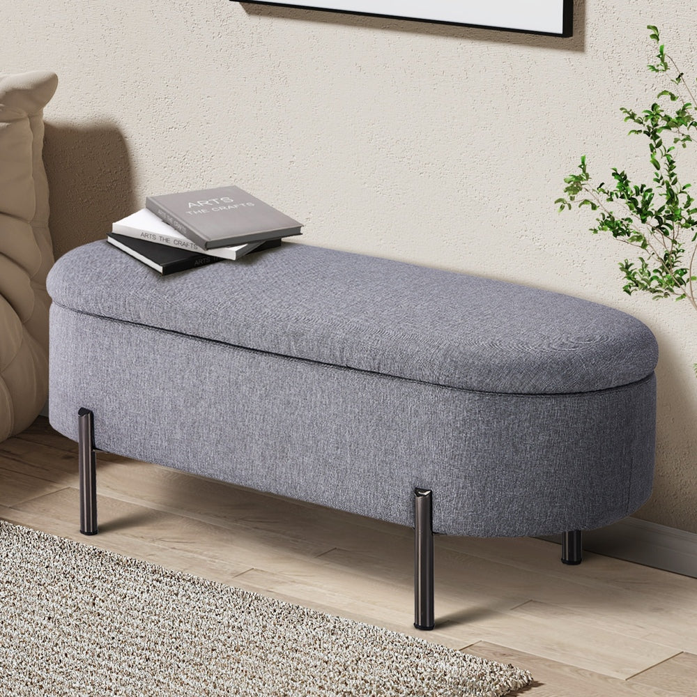 Oikiture Storage Ottoman Bench Oval Blanket Linen Grey
