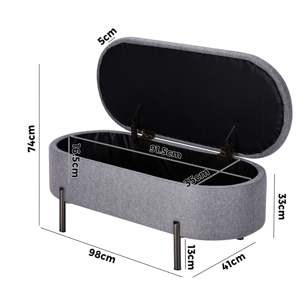 Oikiture Storage Ottoman Bench Oval Blanket Linen Grey