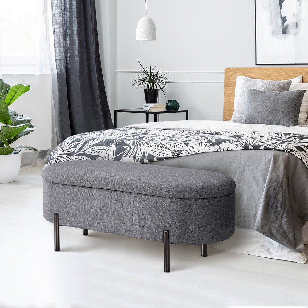 Oikiture Storage Ottoman Bench Oval Blanket Linen Grey