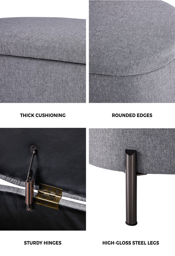 Oikiture Storage Ottoman Bench Oval Blanket Linen Grey