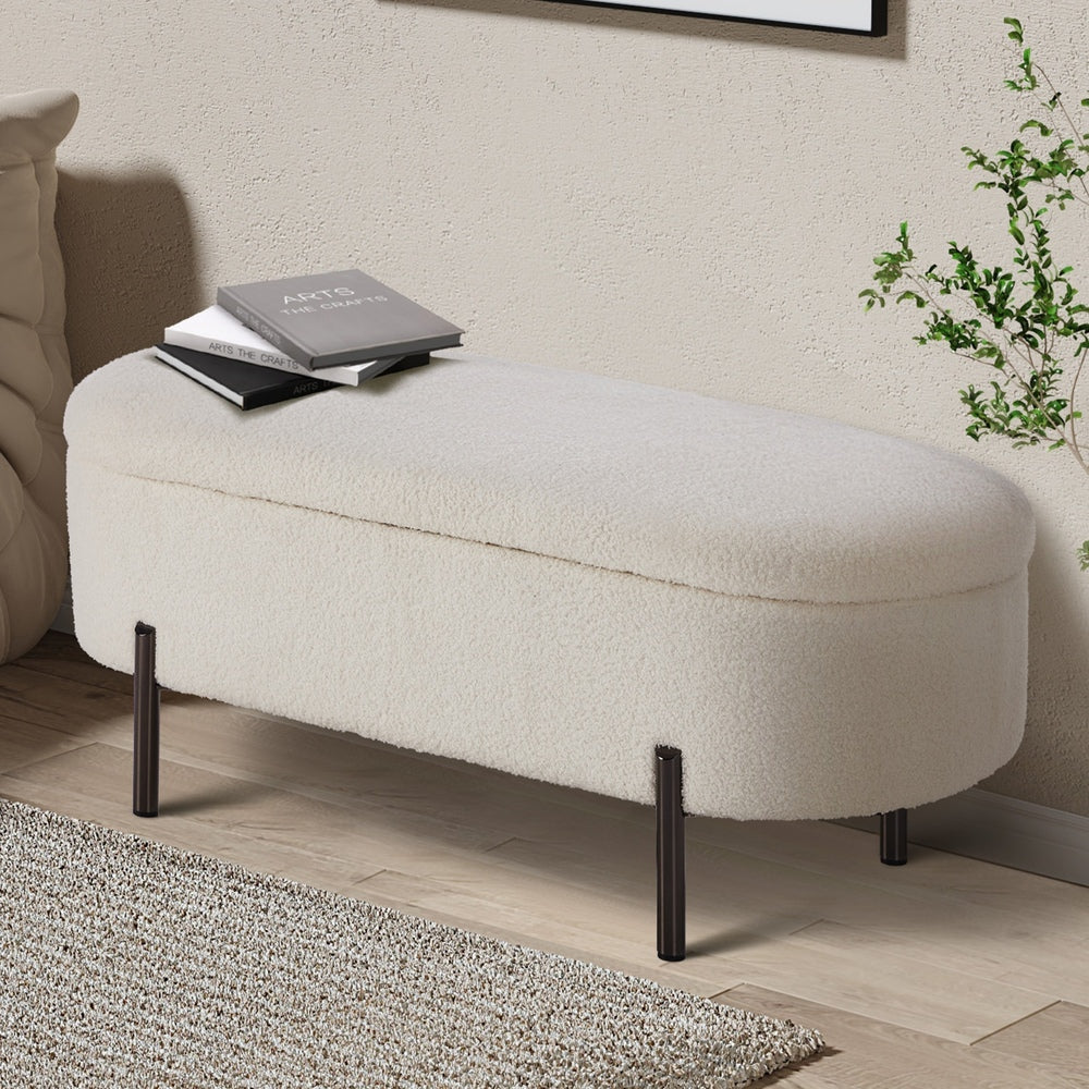 Oikiture Storage Ottoman Bench Oval Blanket Box Sherpa White