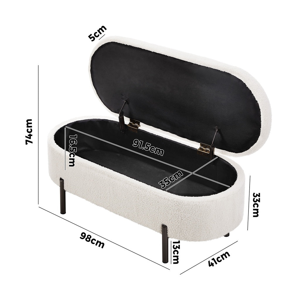 Oikiture Storage Ottoman Bench Oval Blanket Box Sherpa White