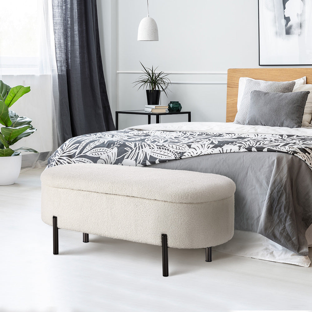 Oikiture Storage Ottoman Bench Oval Blanket Box Sherpa White