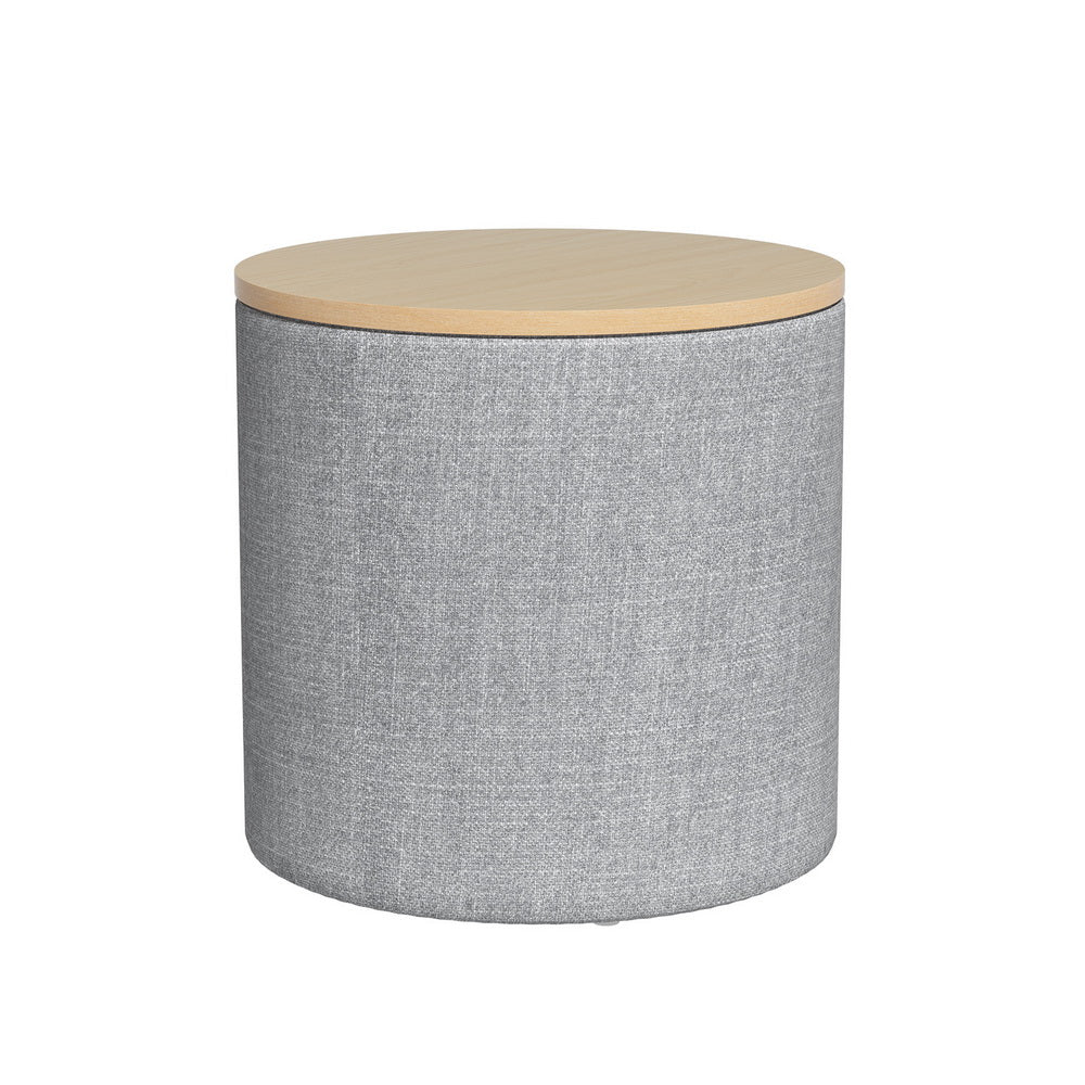 Round Grey Linen Storage Ottoman with Removable Lid by Artiss - 40cm