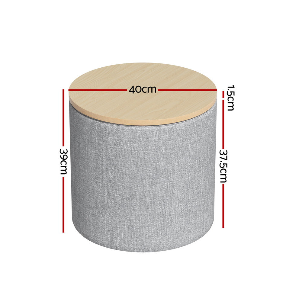 Round Grey Linen Storage Ottoman with Removable Lid by Artiss - 40cm