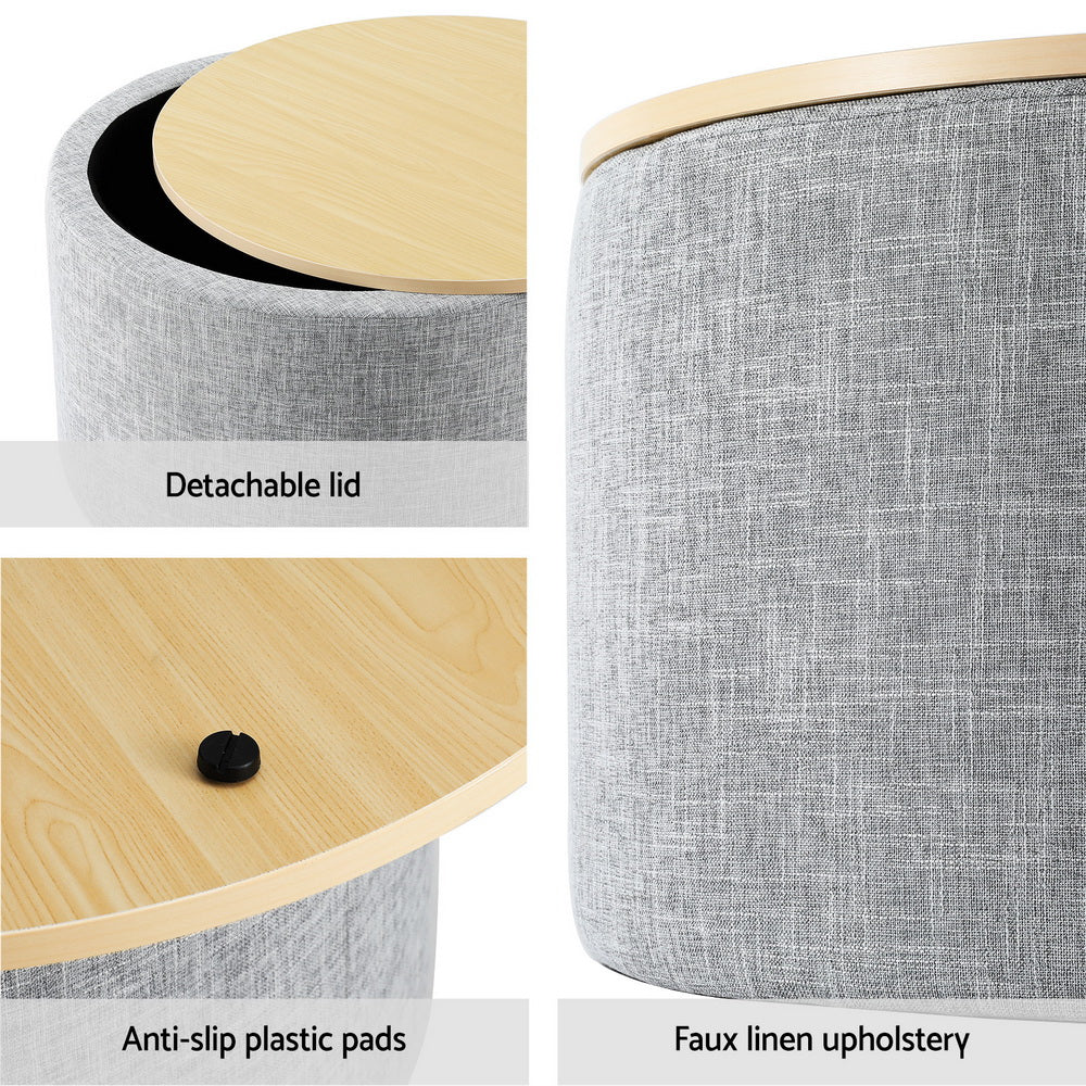 Round Grey Linen Storage Ottoman with Removable Lid by Artiss - 40cm