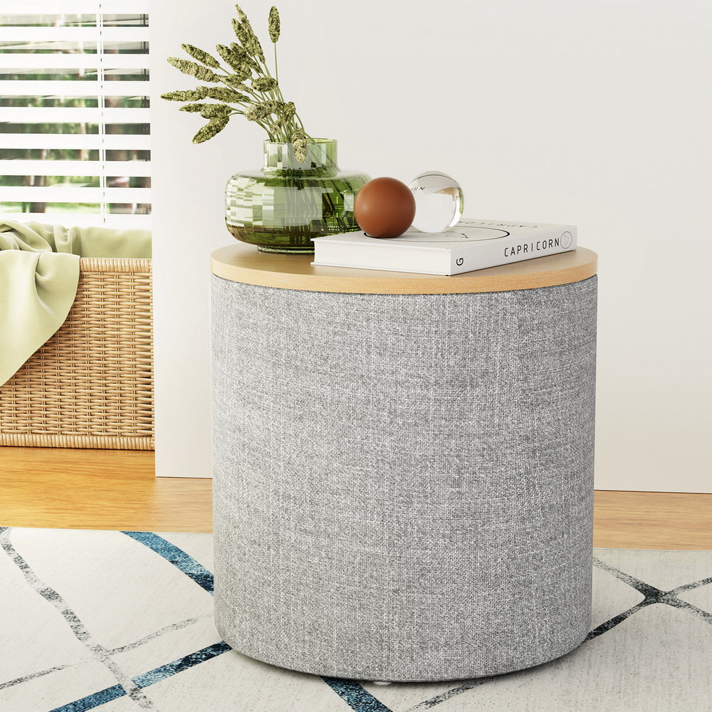 Round Grey Linen Storage Ottoman with Removable Lid by Artiss - 40cm