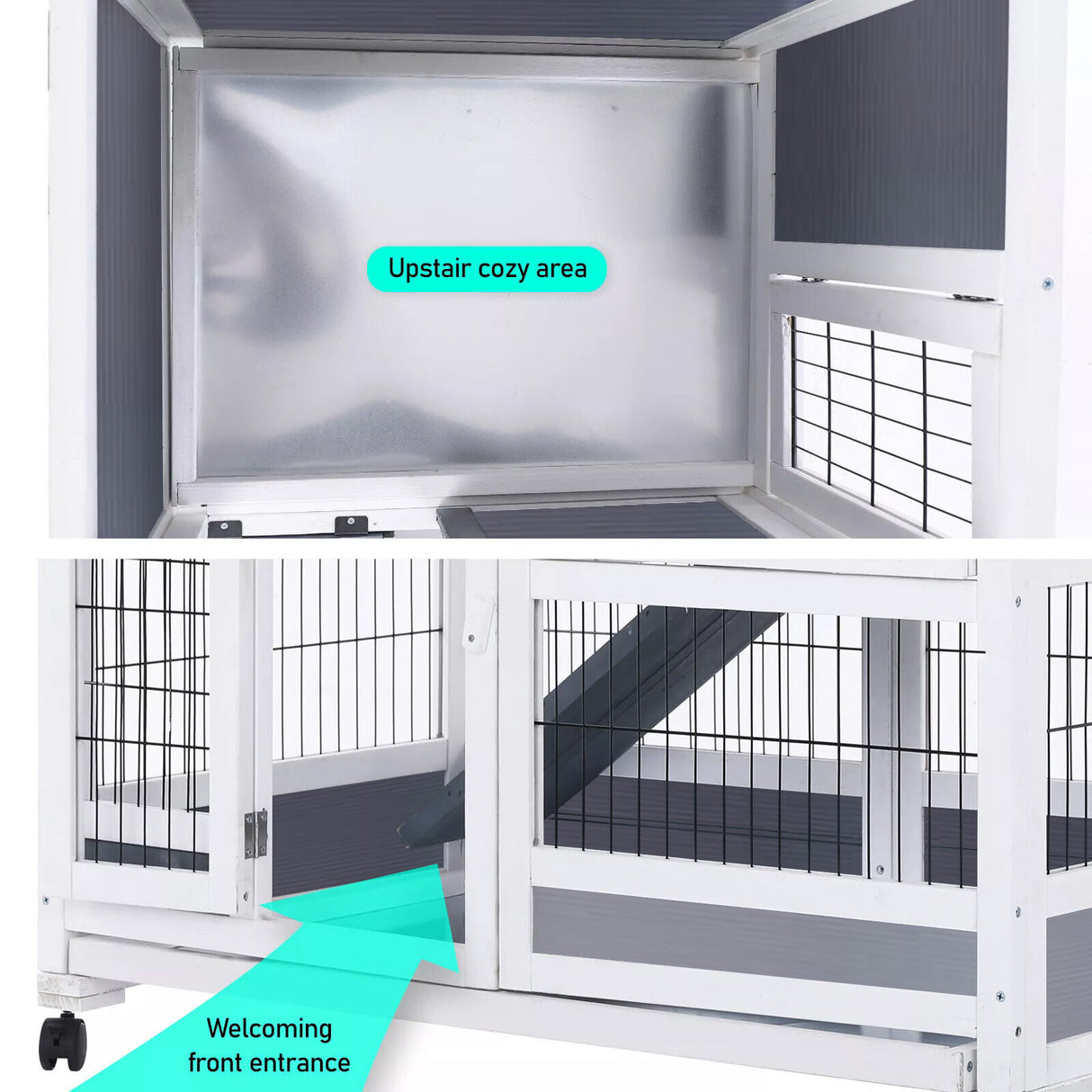 2 Storey Rabbit Hutch with Wheels PVC Roof HOPKINS