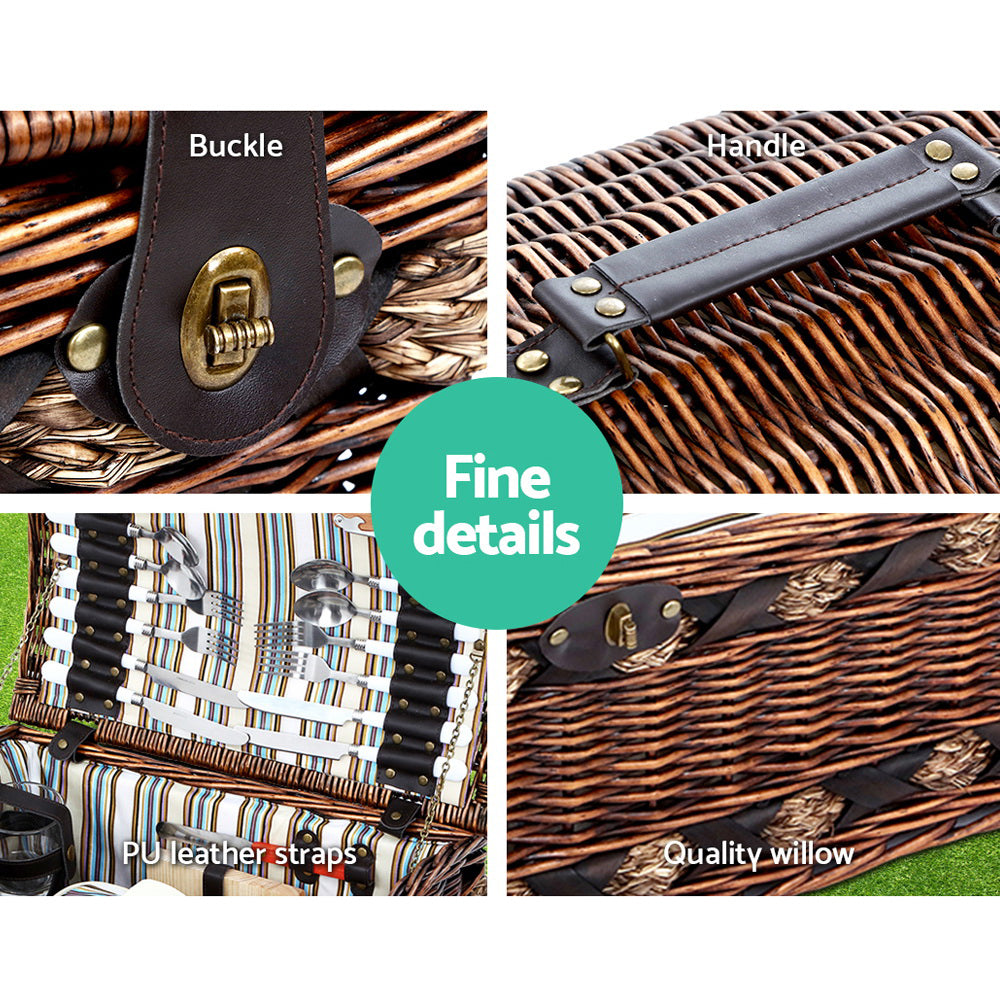 Alfresco 4 Person Picnic Basket Set Wooden Blanket Cooler Bag Outdoor Insulated