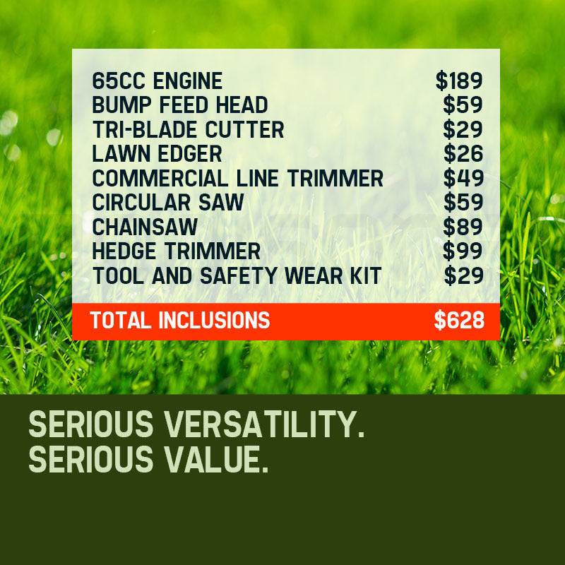 BAUMR-AG 65cc 7in1 Long Reach Garden Multi-tool, Pole Saw, Hedge & Line Trimmer, Brush Cutter, 12' Tree Trimming Pruning Chainsaw Bar, 2 Extension