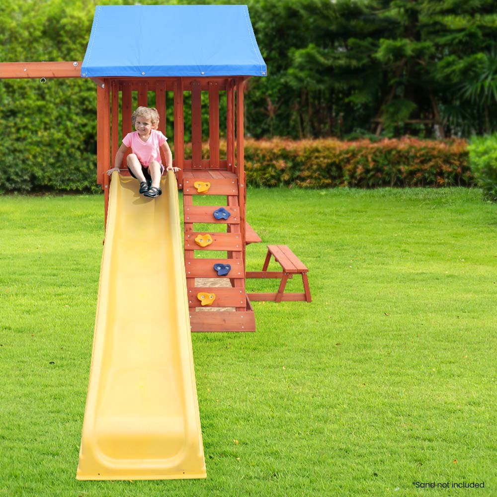 ROVO KIDS Outdoor Slide and Swing Play Set with Climbing Wall and Sandpit