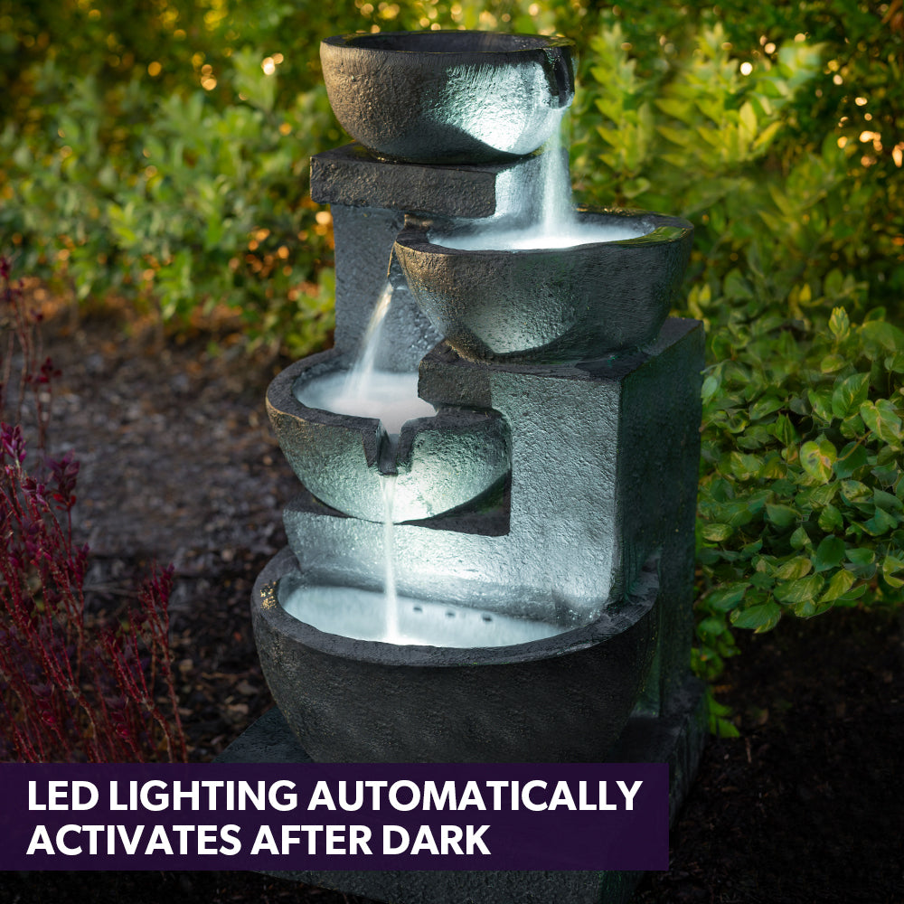PROTEGE 4 Bowl Solar Powered Water Feature Fountain with LED Lights - Charcoal