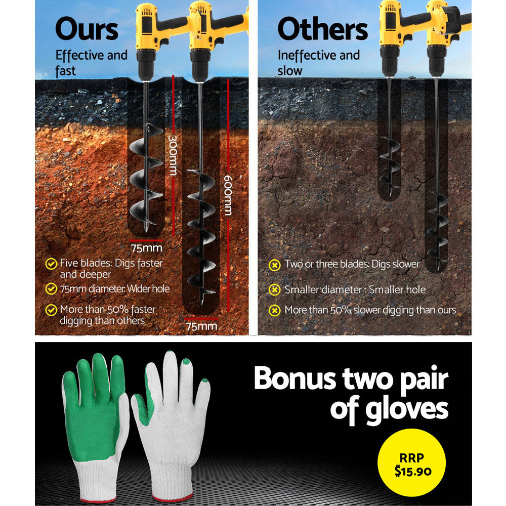 Giantz Heavy-Duty Power Garden Auger Drill Bit Set - 75mm x 300mm & 600mm