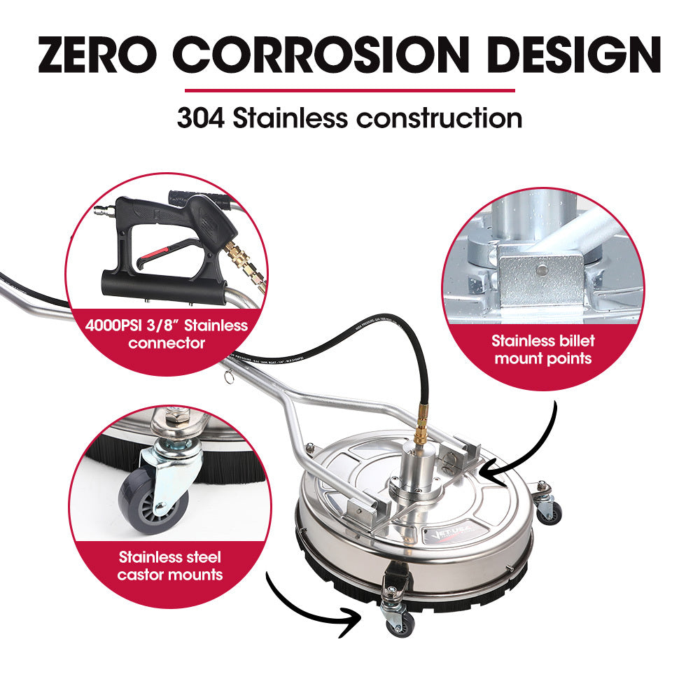 Jet-USA 21' Stainless Steel Pressure Washer Surface Cleaner with Yoke Handlebar, 3/8' Fitting, For Concrete Driveway Patio Floor